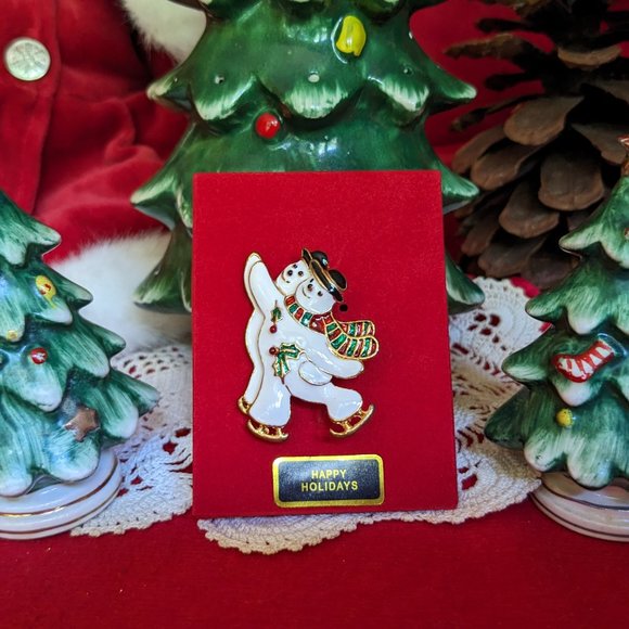Vtg Two Snowmen Ice Skating Metallic Enamel Christmas Lapel Brooch Pin In Box - Picture 4 of 6